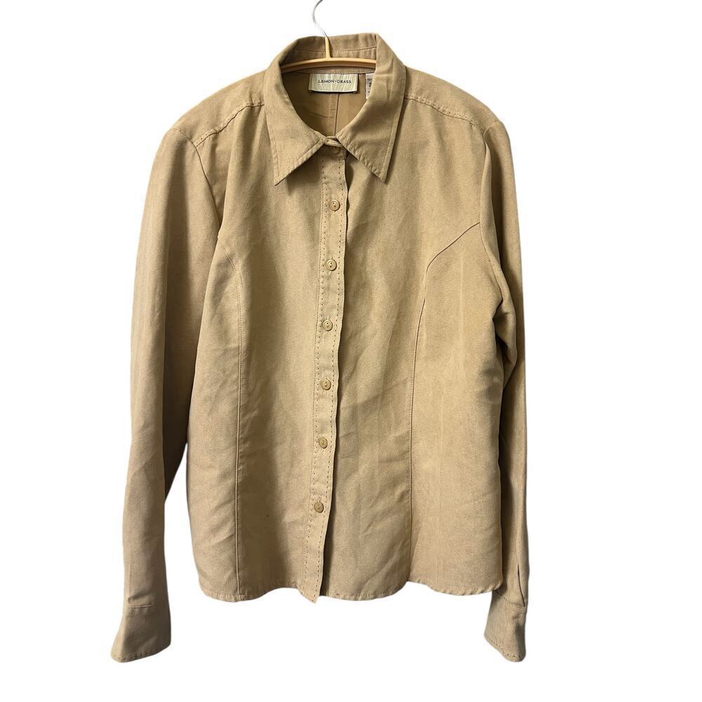 Vintage Suade Inspired Western Style lemon grass tan button down shirt size L